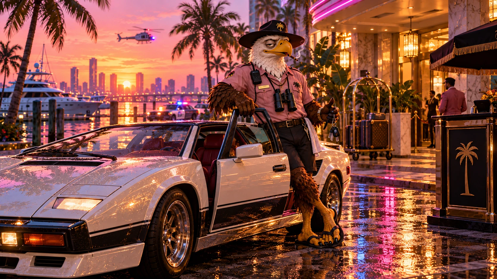 E.EAGLE beside a sports car at a waterfront hotel