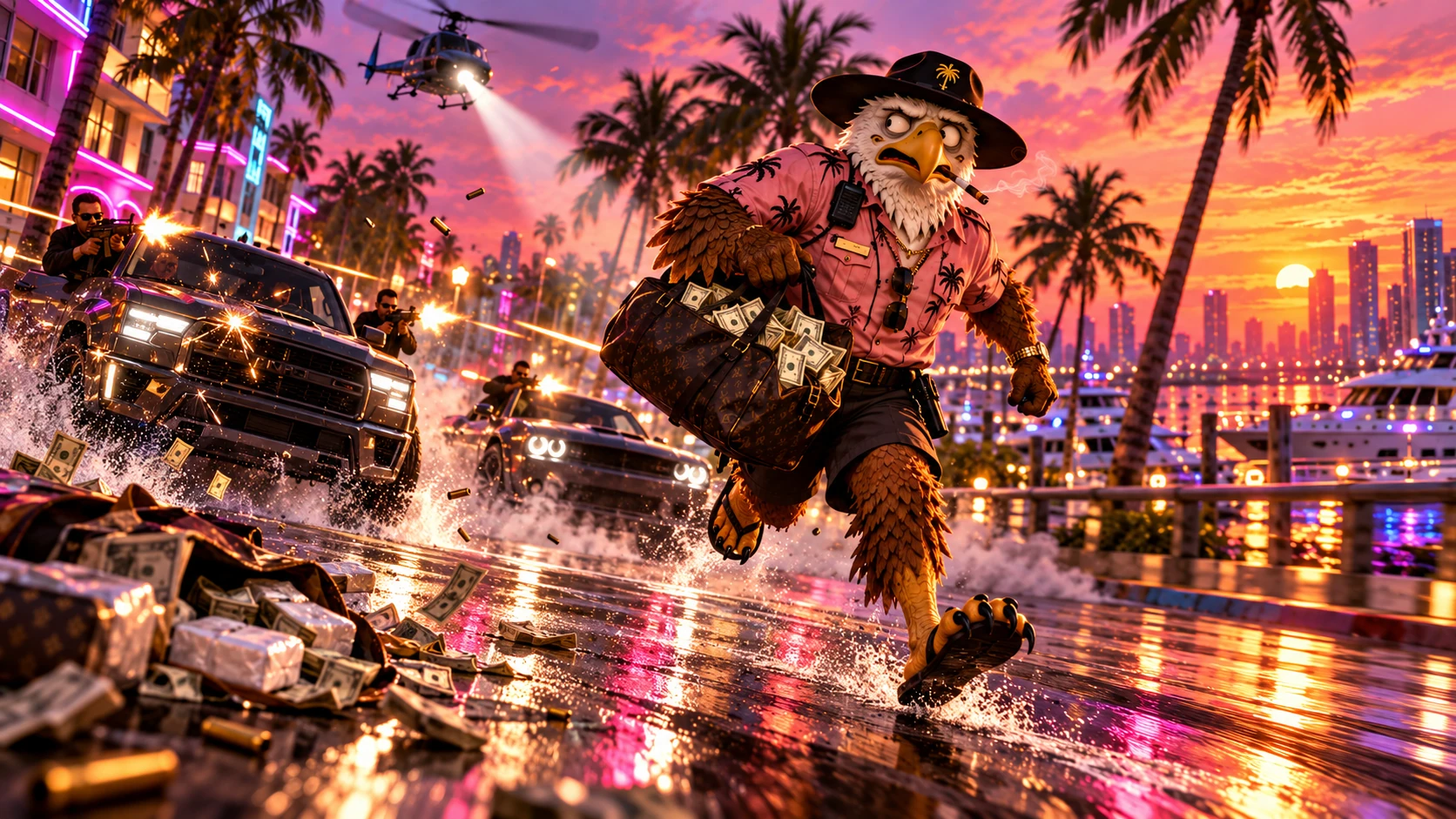 E.EAGLE running through a neon waterfront street with his delivery bag